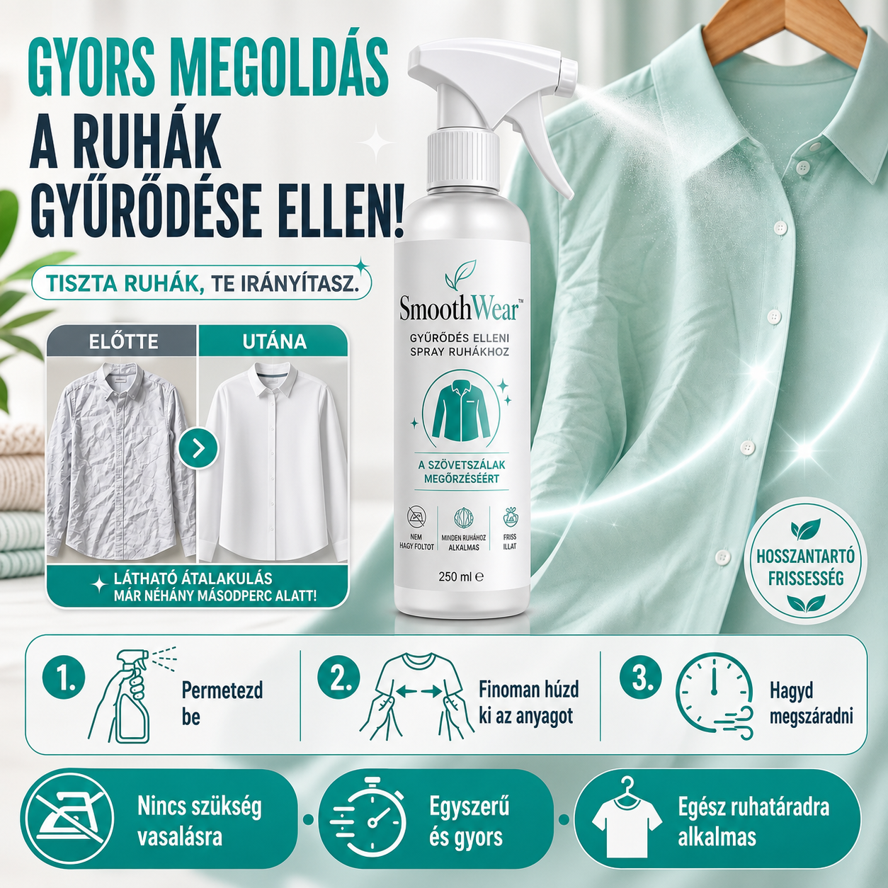 Vasalás Nélküli Ruhasimító Spray – SmoothWear™
